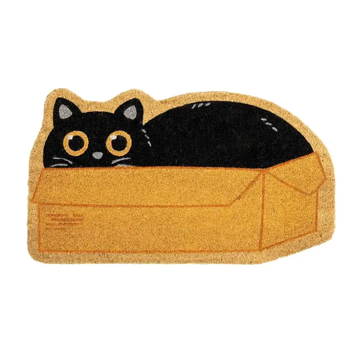 Felpudo en forma de gato dentro de una caja