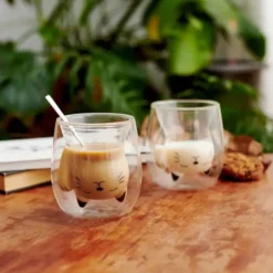 Glasito vaso de café de doble pared gato de la suerte