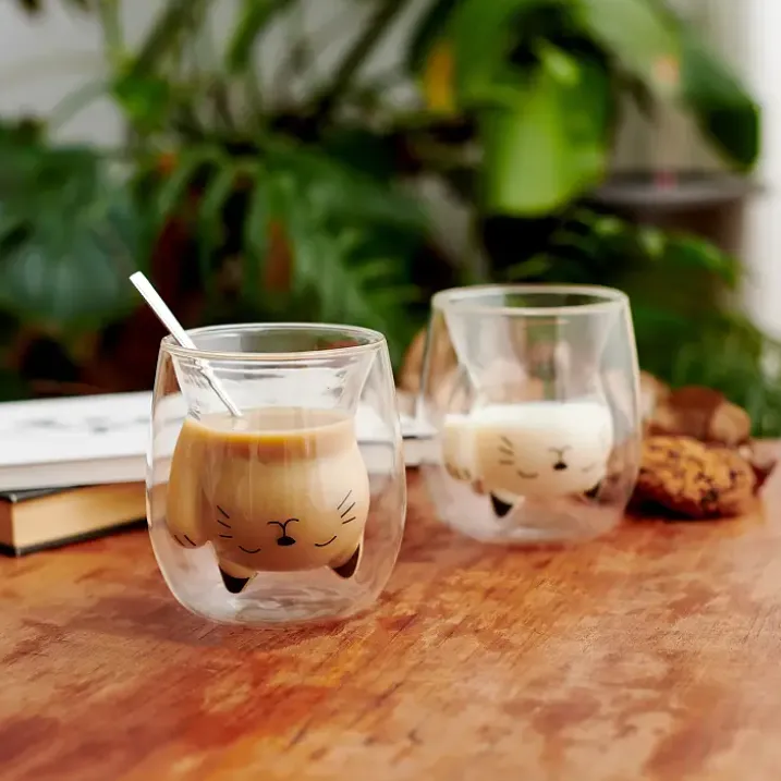 Glasito vaso de café de doble pared gato de la suerte