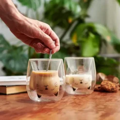 Glasito vaso de café de doble pared gato de la suerte