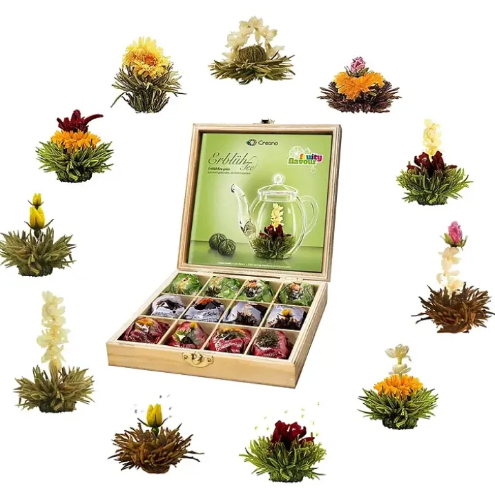 Set de regalo con 12 flores de té en caja de madera