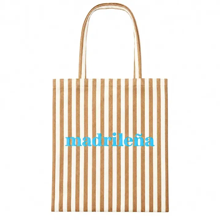 Tote bag de rayas con mensaje Madrileña
