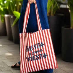 Tote bag de rayas con mensaje Siesta y después fiesta