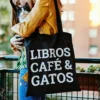 Tote bag Libros, café y gatos