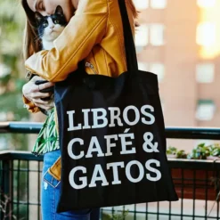 Tote bag Libros, café y gatos