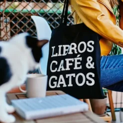 Tote bag Libros, café y gatos