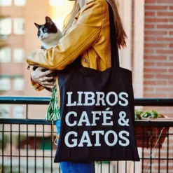 Tote bag Libros, café y gatos