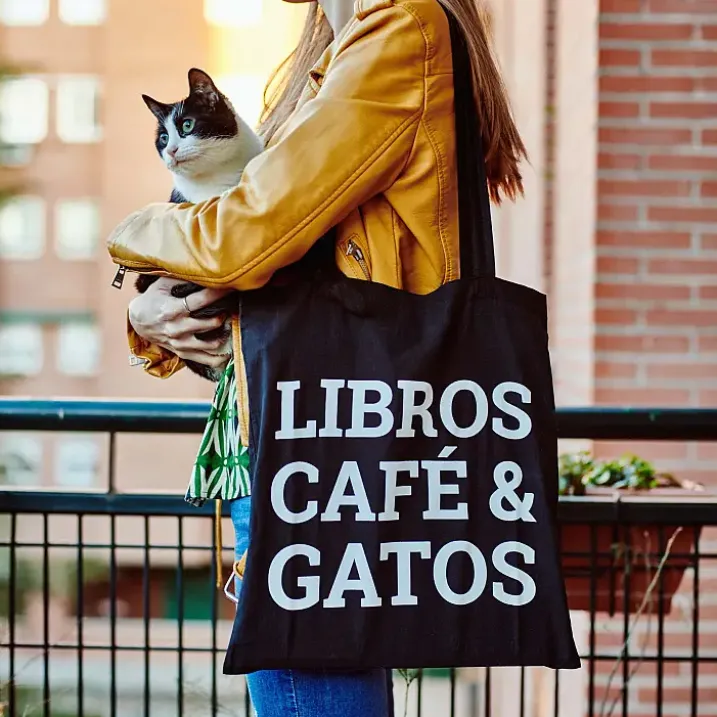 Tote bag Libros, café y gatos