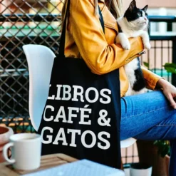 Tote bag Libros, café y gatos